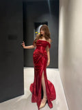 Mermaid Off The Shoulder Red Satin Long Evening Gowns Split Prom Dress SD2747