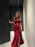 Mermaid Off The Shoulder Red Satin Long Evening Gowns Split Prom Dress SD2747