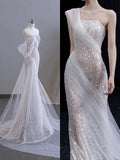 Mermaid Spaghetti Straps White Sequin Long Wedding Dress Bridal Dresses SD2762