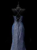 Mermaid Spaghetti Straps Navy Blue Sequin Long Evening Gowns Prom Dress SD2765