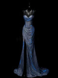 Mermaid Spaghetti Straps Navy Blue Sequin Long Evening Gowns Prom Dress SD2765