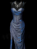 Mermaid Spaghetti Straps Navy Blue Sequin Long Evening Gowns Prom Dress SD2765