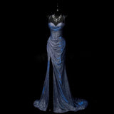 Mermaid Spaghetti Straps Navy Blue Sequin Long Evening Gowns Prom Dress SD2765