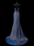 Mermaid Spaghetti Straps Navy Blue Sequin Long Evening Gowns Prom Dress SD2765