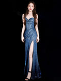Mermaid Spaghetti Straps Navy Blue Sequin Long Evening Gowns Prom Dress SD2765