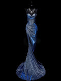 Mermaid Spaghetti Straps Navy Blue Sequin Long Evening Gowns Prom Dress SD2765