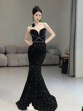 Mermaid Spaghetti Straps Black Sequin Long Evening Gowns Prom Dress SD2768
