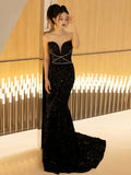 Mermaid Spaghetti Straps Black Sequin Long Evening Gowns Prom Dress SD2768