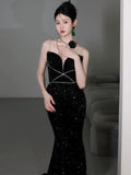 Mermaid Spaghetti Straps Black Sequin Long Evening Gowns Prom Dress SD2768