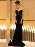 Mermaid Spaghetti Straps Black Sequin Long Evening Gowns Prom Dress SD2768