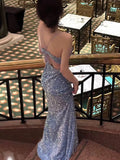 Mermaid Spaghetti Straps Blue Sequin Long Evening Gowns Prom Dress SD2769