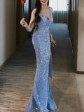 Mermaid Spaghetti Straps Blue Sequin Long Evening Gowns Prom Dress SD2769