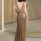 Mermaid Straps Gold Sequin Long Evening Gowns Prom Dress SD2770