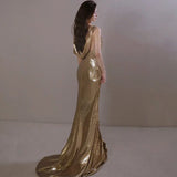 Mermaid Straps Gold Sequin Long Evening Gowns Prom Dress SD2770