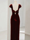 Mermaid Burgundy Velvet Slit Evening Dress Prom Dresses SD2771