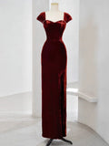 Mermaid Burgundy Velvet Slit Evening Dress Prom Dresses SD2771