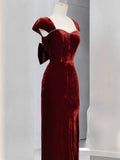 Mermaid Burgundy Velvet Slit Evening Dress Prom Dresses SD2771