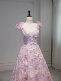 A Line Spaghetti Straps Pink Floral Long Length Evening Dress Prom Dresses SD2773