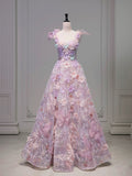 A Line Spaghetti Straps Pink Floral Long Length Evening Dress Prom Dresses SD2773
