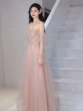 A Line Sweetheart Pink Sequin Long Length Evening Dress Prom Dresses SD2776