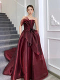 Ball Gown Strapless Burgundy Organza Long Length Evening Dress Prom Dresses SD2778