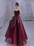 Ball Gown Strapless Burgundy Organza Long Length Evening Dress Prom Dresses SD2778
