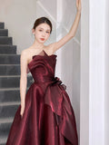 Ball Gown Strapless Burgundy Organza Long Length Evening Dress Prom Dresses SD2778