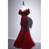 Mermaid Off The Shoulder Burgundy Sequin Long Evening Dress Prom Dresses SD2780