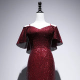 Mermaid Off The Shoulder Burgundy Sequin Long Evening Dress Prom Dresses SD2780