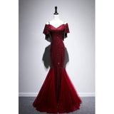 Mermaid Off The Shoulder Burgundy Sequin Long Evening Dress Prom Dresses SD2780