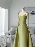 Ball Gown Straps Sage Green Satin Long Length Evening Dress Prom Dresses SD2781