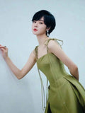 Ball Gown Straps Sage Green Satin Long Length Evening Dress Prom Dresses SD2781