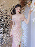 Mermaid Off The Shoulder Pink Sequin Long Evening Dress Prom Dresses SD2782