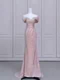 Mermaid Off The Shoulder Pink Sequin Long Evening Dress Prom Dresses SD2782
