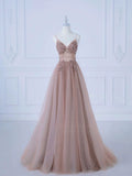 A line Spaghetti Straps Tulle Long Length Evening Dress Prom Dresses SD2783