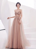 A line Spaghetti Straps Tulle Long Length Evening Dress Prom Dresses SD2783