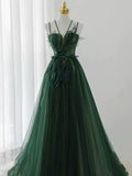 Ball Gown Spaghetti Straps Tulle Green Long Length Evening Dress Prom Dresses SD2785