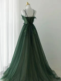 Ball Gown Spaghetti Straps Tulle Green Long Length Evening Dress Prom Dresses SD2785
