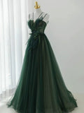 Ball Gown Spaghetti Straps Tulle Green Long Length Evening Dress Prom Dresses SD2785