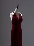 Mermaid Burgundy Velvet Long Backless Evening Dress Prom Dresses SD2786