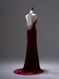 Mermaid Burgundy Velvet Long Backless Evening Dress Prom Dresses SD2786