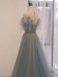 A Line Off The Shoulder Blue Tulle Long Length Evening Dress Prom Dresses SD2790