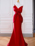 Mermaid One Shoulder Red Satin Long Evening Dress Prom Dresses SD2791