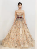 A Line Off The Shoulder Long Sleeves Floral Tulle Long Length Evening Dress Prom Dresses SD2792
