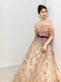 A Line Off The Shoulder Long Sleeves Floral Tulle Long Length Evening Dress Prom Dresses SD2792