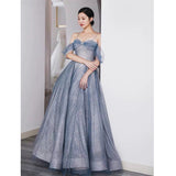 A Line Off The Shoulder Blue Sequin Tulle Long Length Evening Dress Prom Dresses SD2793