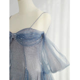 A Line Off The Shoulder Blue Sequin Tulle Long Length Evening Dress Prom Dresses SD2793