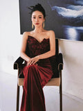 Mermaid Sweetheart Wine Red Velvet Long Evening Dress Prom Dresses SD2794