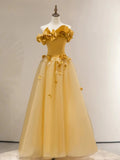 A line Strapless Yellow Tulle Long Prom Dress Party Dress SD2795