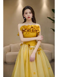 A line Strapless Yellow Tulle Long Prom Dress Party Dress SD2795
